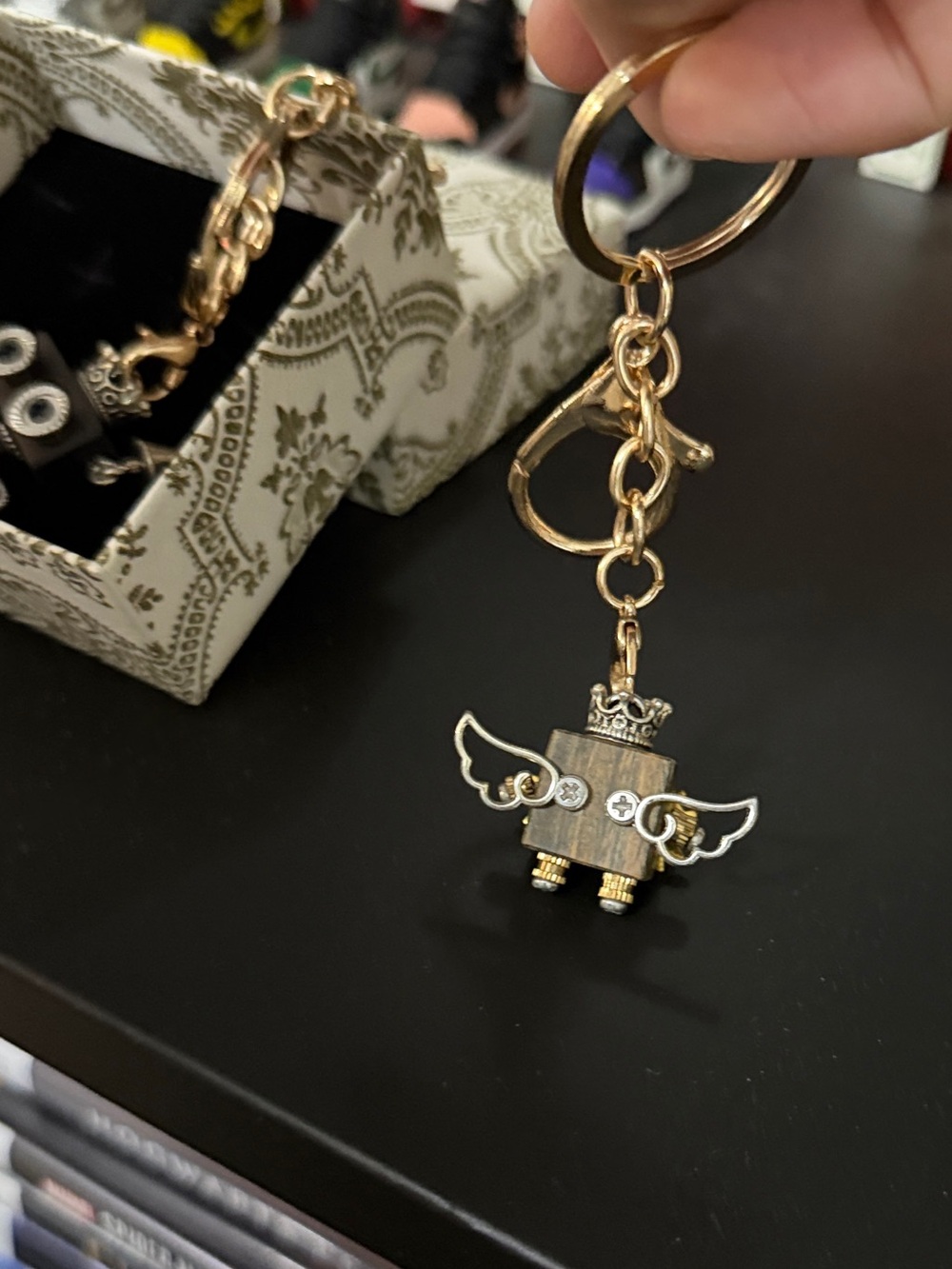 Gold Tone Keychain Charm with Crown and Wing Accent - handcrafted original - Picture 3 of 5
